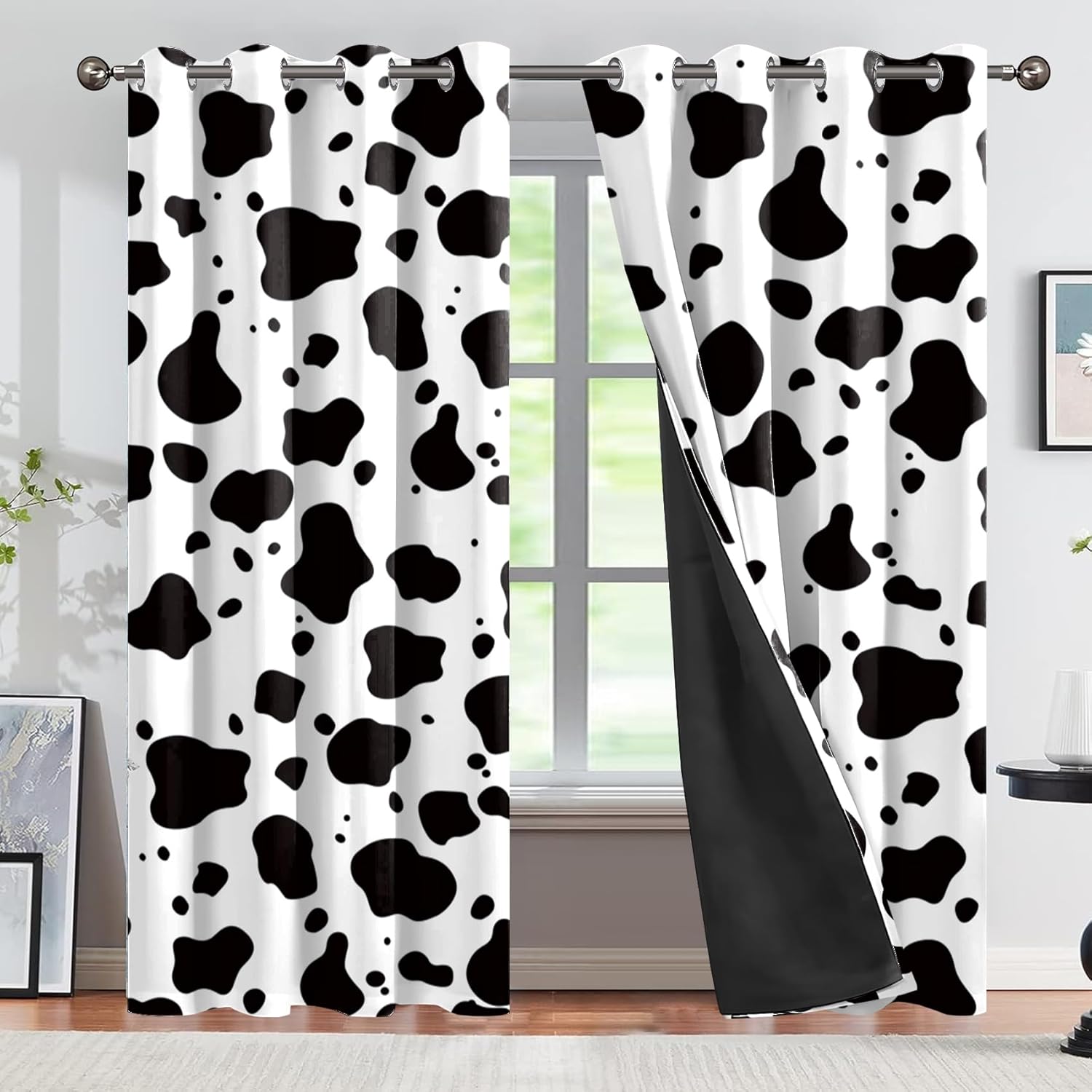 CSFOTO Cow Print Blackout Curtains 2 Panels Western Country Farmhouse Room Darkening Curtains Black and White Cow Graffiti Window Drapes Bedroom Living Room Decor, 29x63 Inches