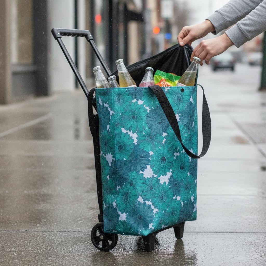 Borsa Carrello Spesa Borsa Carrello Borsa Spesa Carrello Borsa Spesa Ruote Borsa Spesa Pieghevole con Ruote Affidabili E Capacità Generosa Tessuto, Stampa floreale margherita