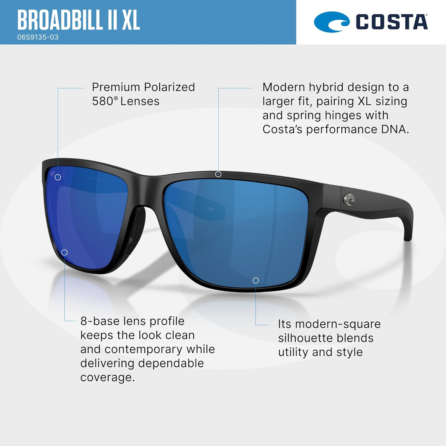 Costa Del Mar mens Broadbill II XL Rectangular Sunglasses