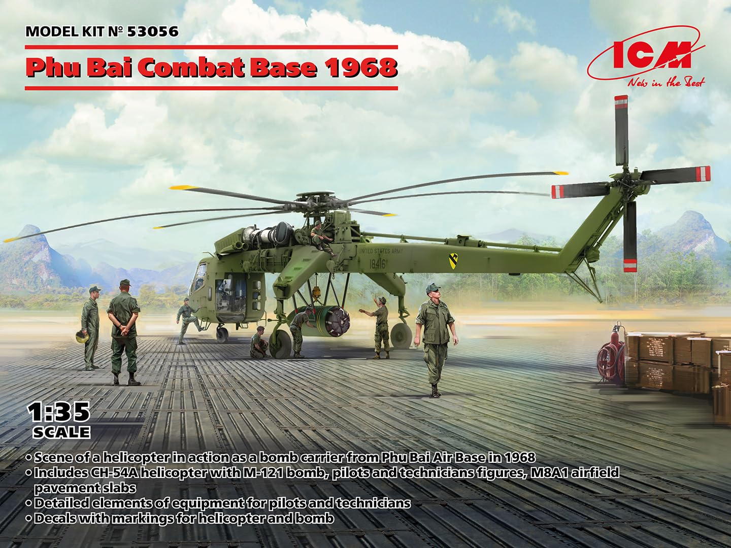 ICM 53056 - PHU Bai Combat Base, 1968 - with CH-54A Heavy Helicopter and Pilots - Plastic Military Model Kit - Scale 1:35