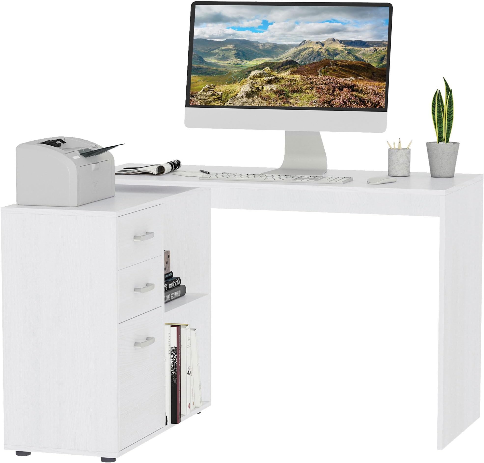 L-Shaped Computer Desk, 2 Shaped Corner Desk with Drawers, File Cabinet and Storage Shelves, Home Office Desk, White