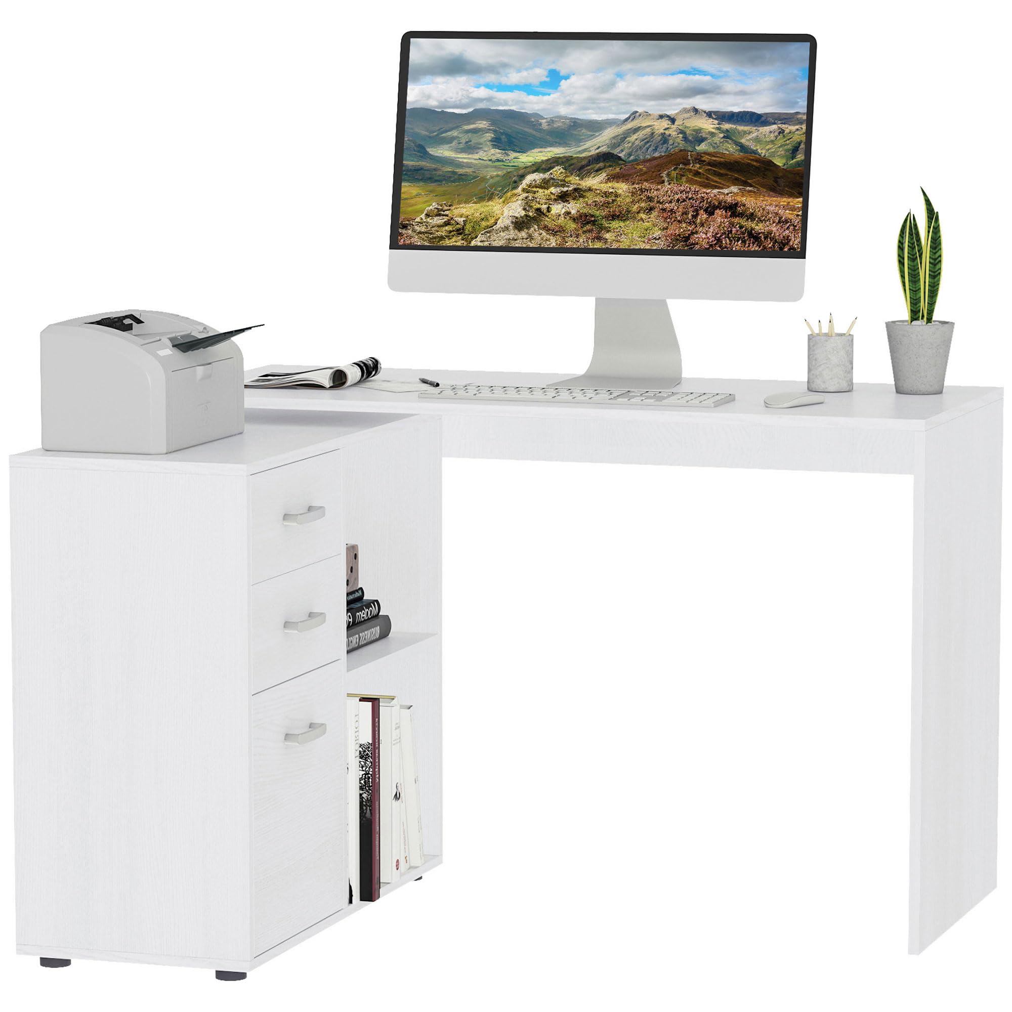 HOMCOM L Shape Computer Desk White - Drawer Shelf File Cabinet - Home Office Workstation