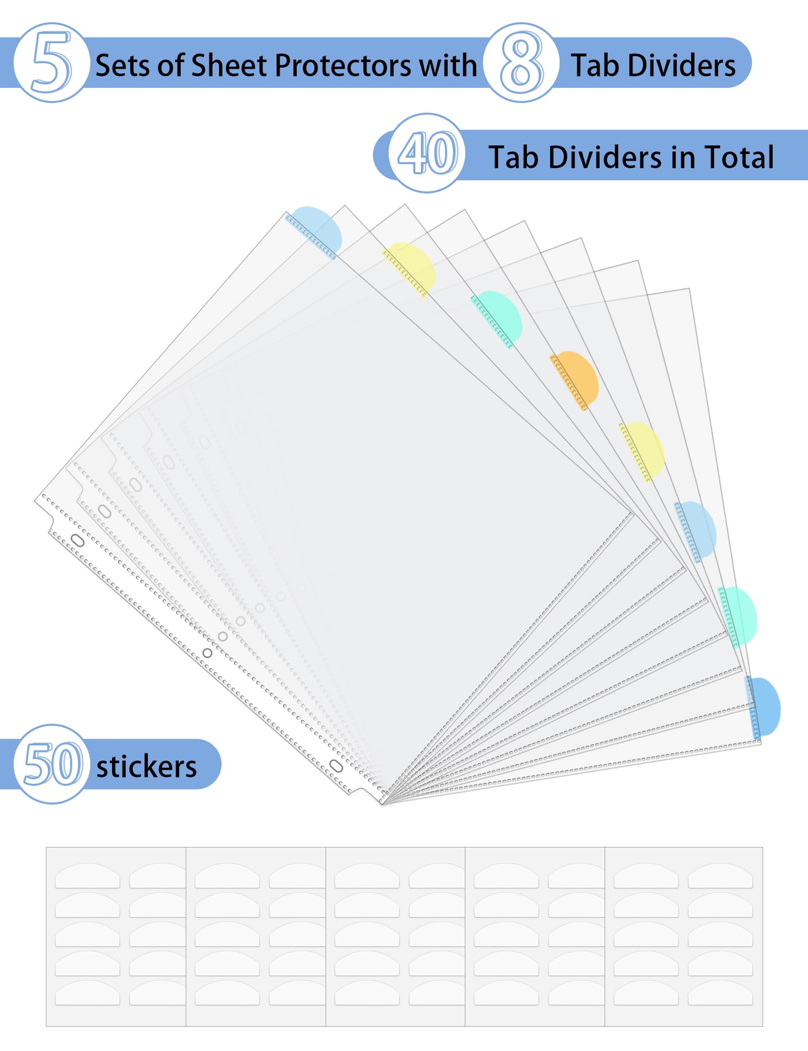 Transparente Blattschoner mit Registerkarten für 3-Ringordner, Ordner-Trennblätter mit 8 Registern, transparente Kunststoff-Notizbuch-Seitenteiler mit Taschen, 5 Sets