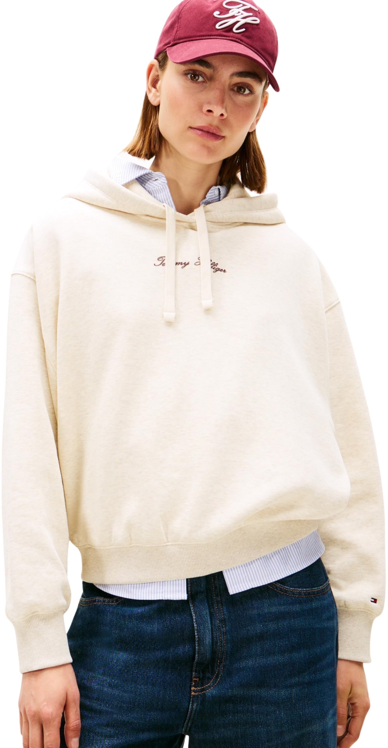 Tommy Hilfiger Women's Classic Script Fleece Hoodie, Off-White (Heather Oatmilk), XXL