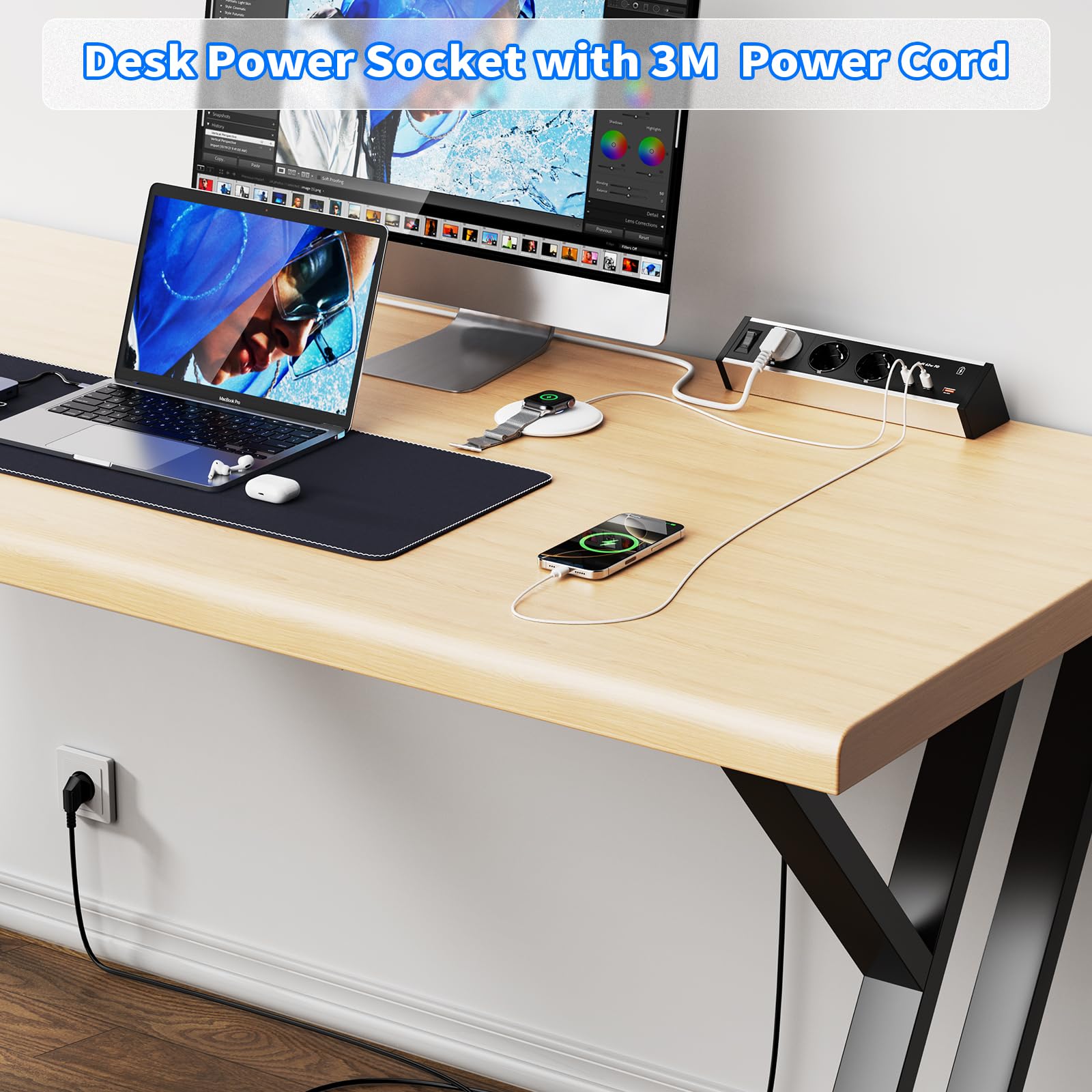 Regleta de Escritorio con USB-C PD 65W GAN, 3 Tomas, con Pinza | USB-C2 y USB-A hasta 25W, carcasa de aluminio, interruptor, protección contra sobrecargas, cable 3 m, oficina y escritorio