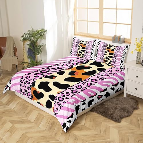 Miniatura 8 de Manfei Juego de funda de edredón de leopardo marrón, tamaño matrimonial, juego de ropa de cama de 3 piezas con purpurina rosa para decoración de