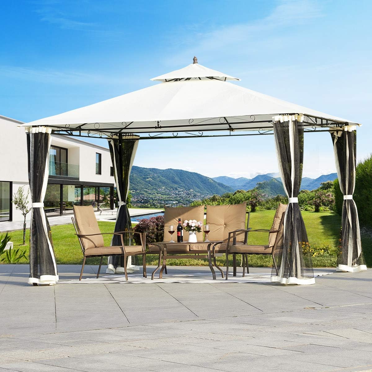 YOLENY 10x12 FT Canopy Gazebo Outdoor Gazebo Steel Frame with Vented Soft Top for Backyard, Patio, Party, Event, 10'x12' Cream with Netting