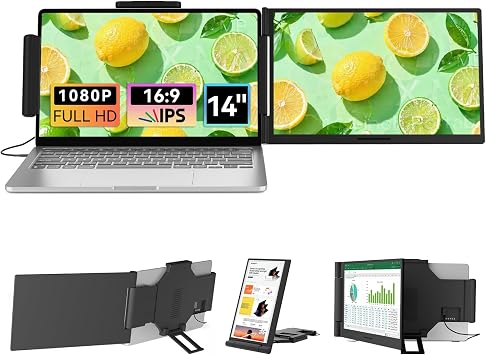 Laptop Screen Extender 14.1 1080P IPS, Dual Screen Portable Monitor for Laptop 13-17.3, Plug & Play Monitor Extender with USB-C/HDMI, Travel Monitor for Work & Home Office Mac/Windows/Chrome/Android