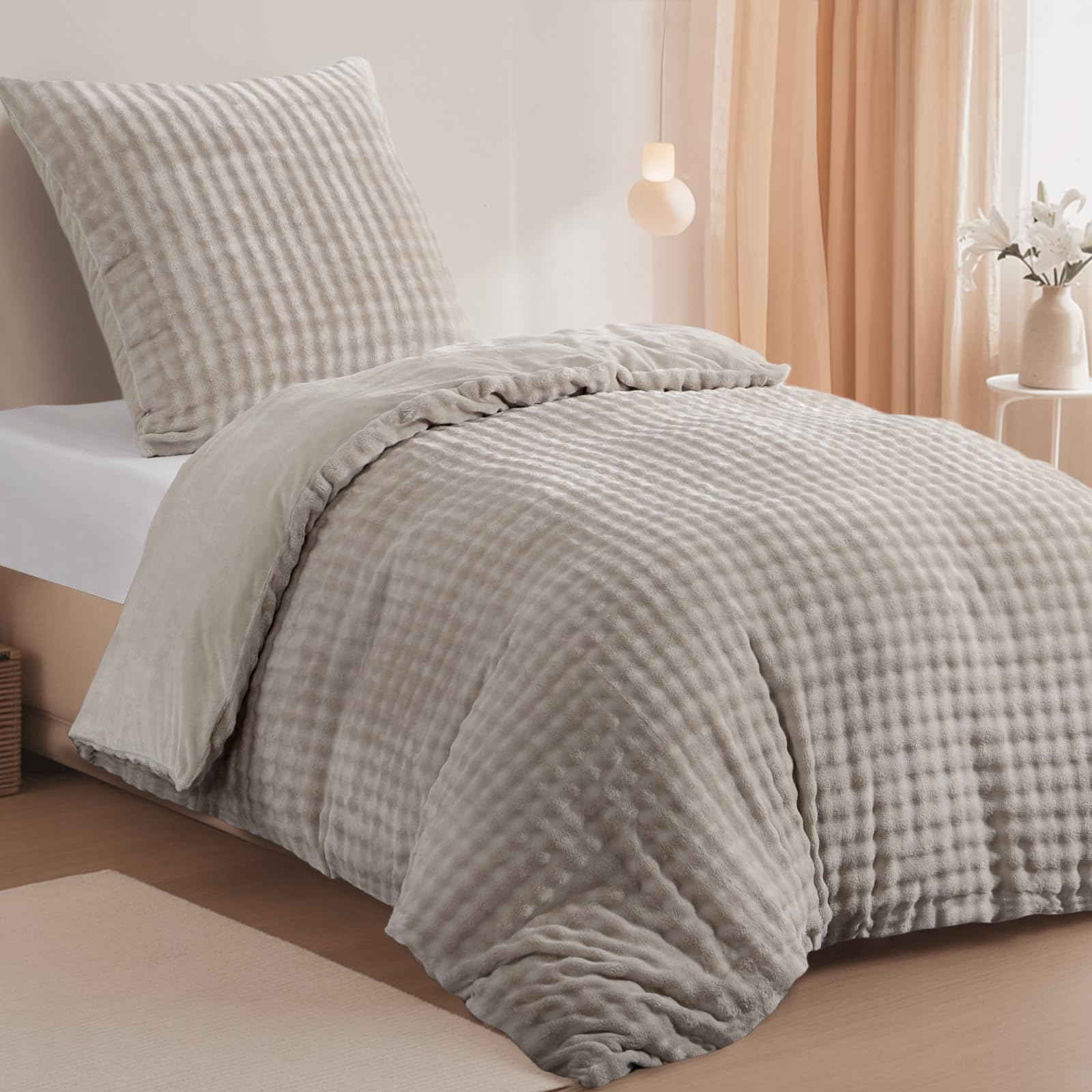RUIKASI Winter Plüsch Bettwäsche 155x220 2teilig Beige - Warme Kuschelig Weich Flauschige Flanell Fleece Bettwäsche Luxus Wende Bettbezug mit Reißverschluss und 1 Kissenbezug 80x80cm