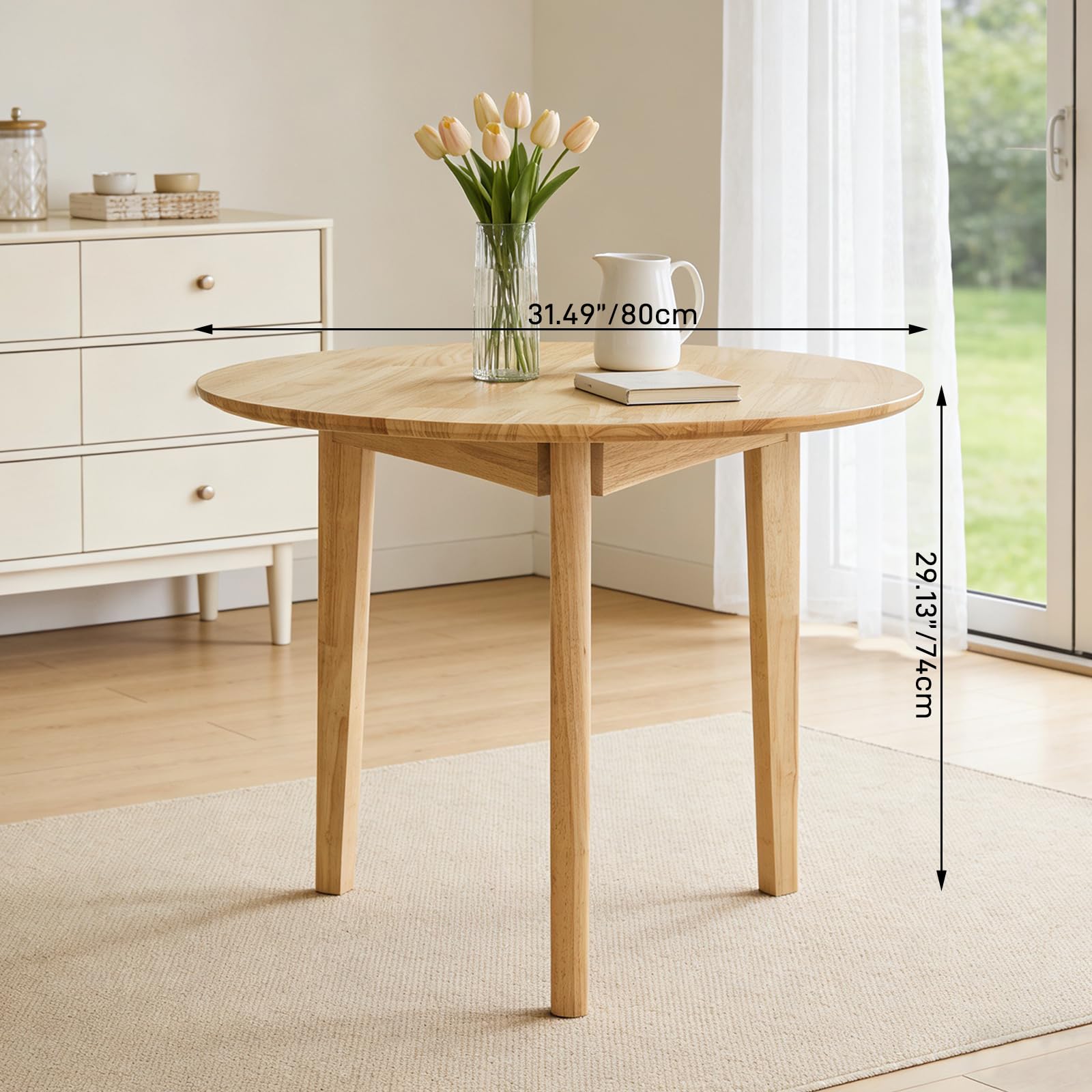 Table à Manger Ronde QLLY en Bois Massif, Table de Cuisine, 80 cm, Naturel