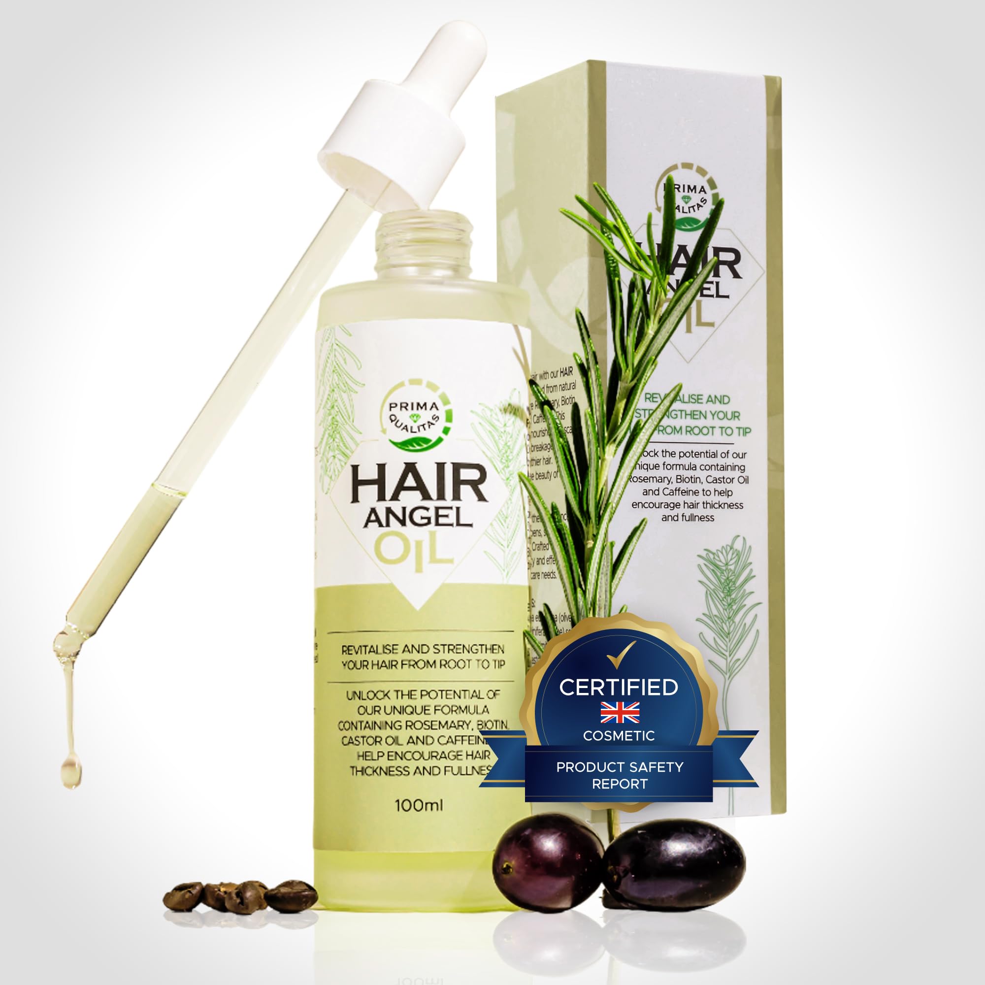 Prima Qualitas Hair Growth Oil with Rosemary, Caffeine, Biotin, Castor, Jojoba, Argan, Treat Dry, Damaged Hair, Split Ends