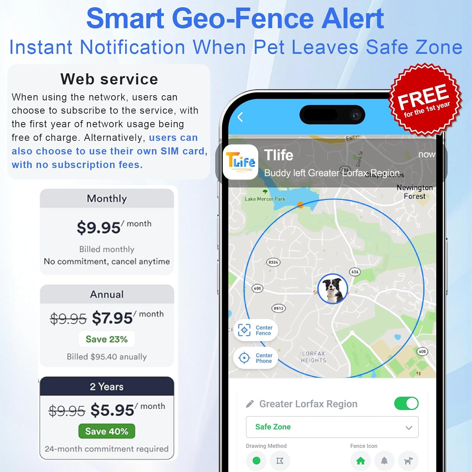 Smart Dog GPS Tracker Collar, First Year Free Subscription, Real-Time Location, Geo-Fence Alerts, Route History, IPX7 Waterproof, 4G Built-in SIM, Health Monitoring