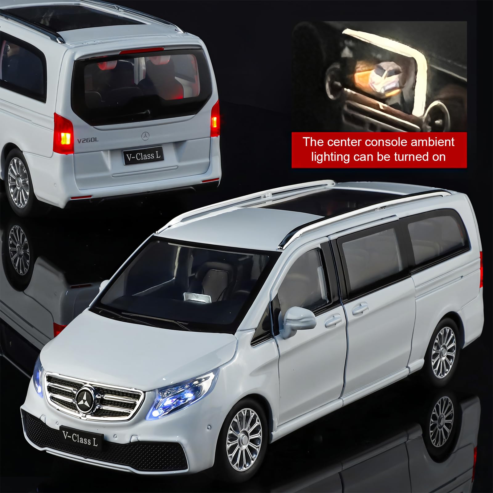 TGRCM-CZ Modellino di auto Benz V260L 1/24, in lega di zinco, con suono e luce, per collezionisti e bambini di 3 anni, regalo di compleanno (bianco)
