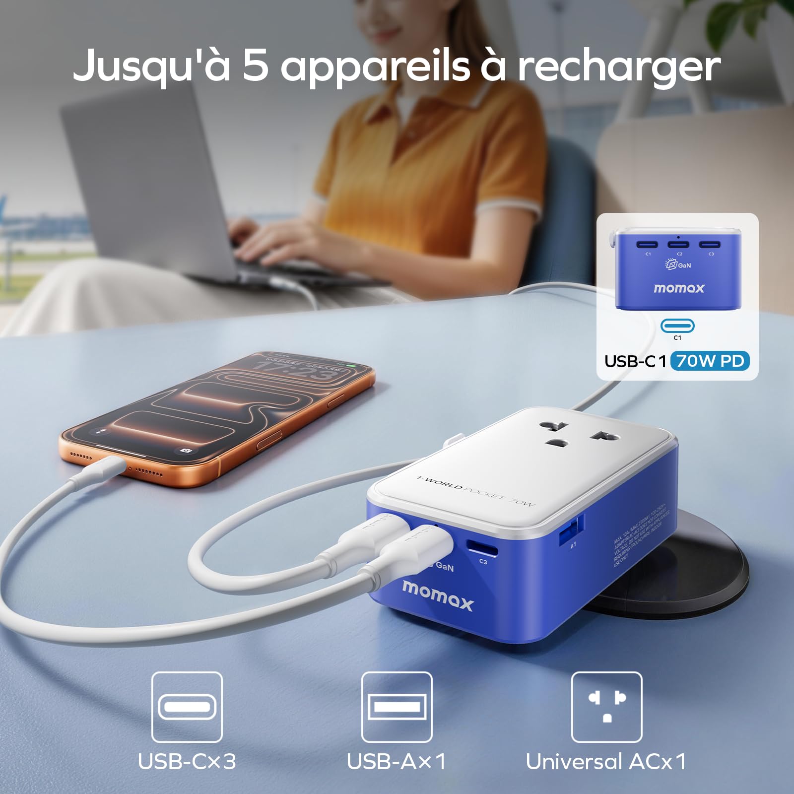 MOMAX Adaptateur Prise Universelle GaN 70 W, Adaptateur Voyage Fin avec 3 USB C et 1 USB A, Adaptateur Universel de Voyage France vers Anglaise UK Irlande USA Canada Australie Chine Japon Thaïlande