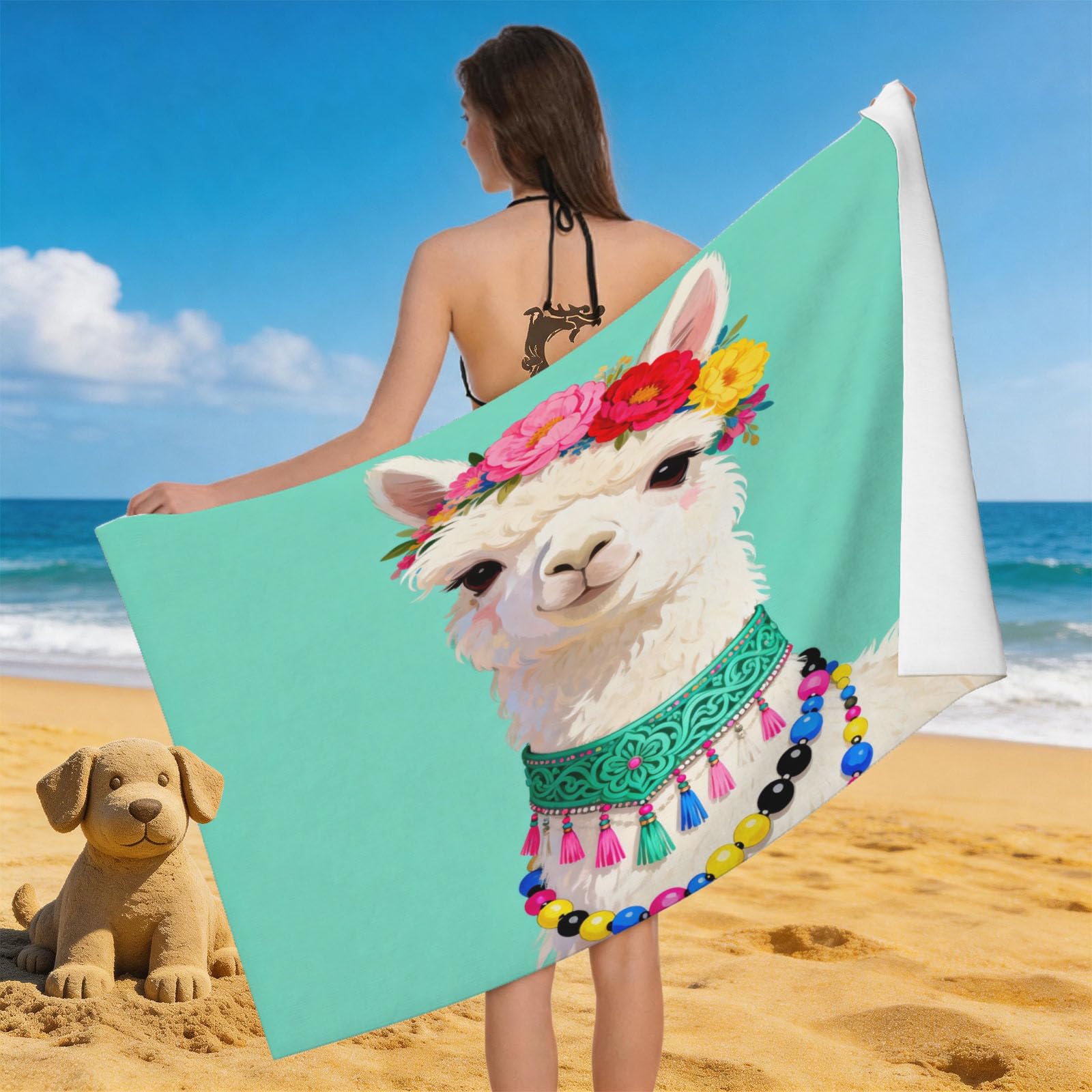 Leichong 3D Alpaca Beach Towel Microfiber Soft Quick Dry for Adults, Chic Bath Towel Lightweight Soft Absorbent for Travel Swimming Pool Sports, 75 x 150 cm