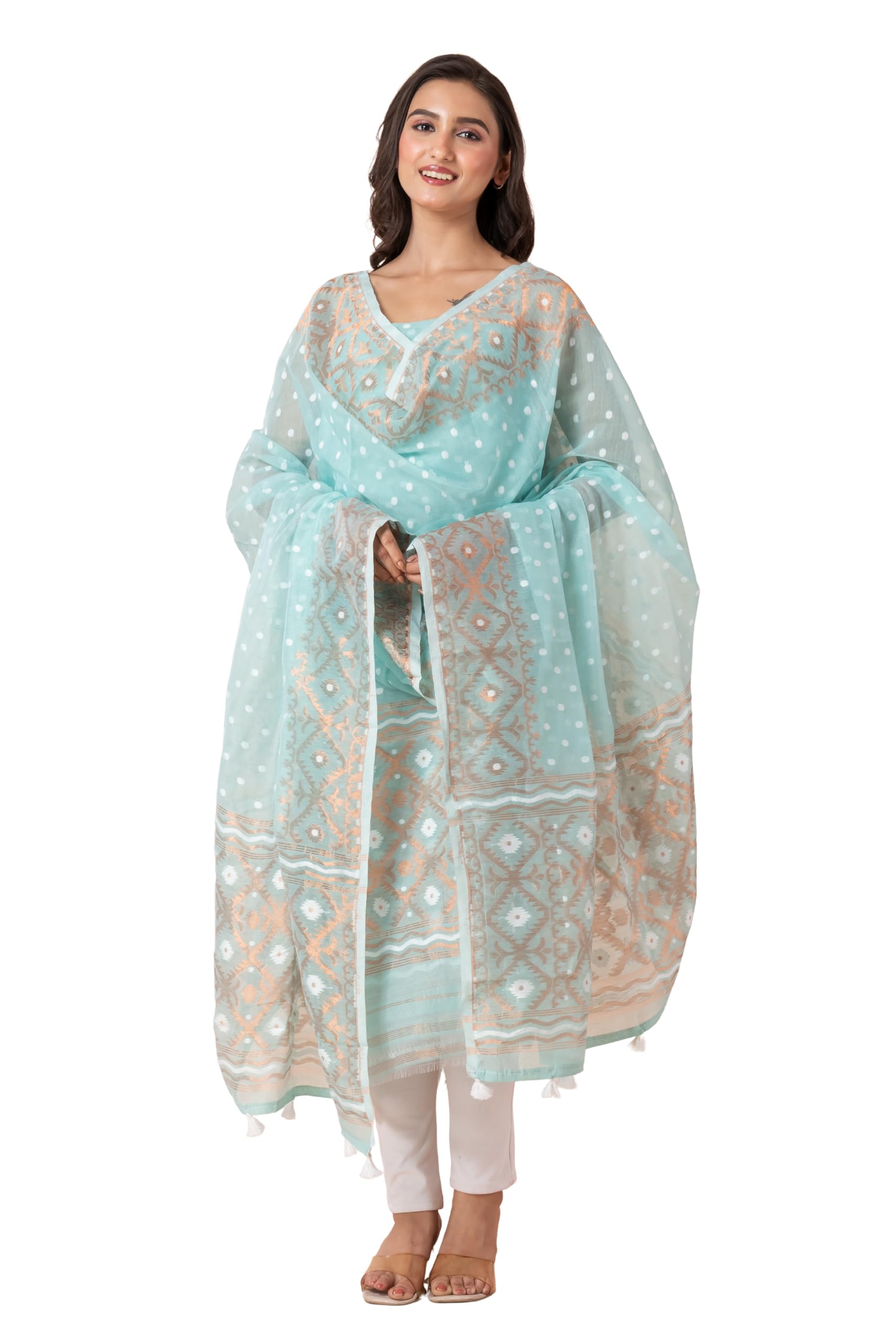 Dhakai Jamdani Cotton Blend Unstitched Kurti with Dupatta | Copper Zari Woven Ethnic Dress Material for Women | Unstitched Kurti 3m, Dupatta 2.5m