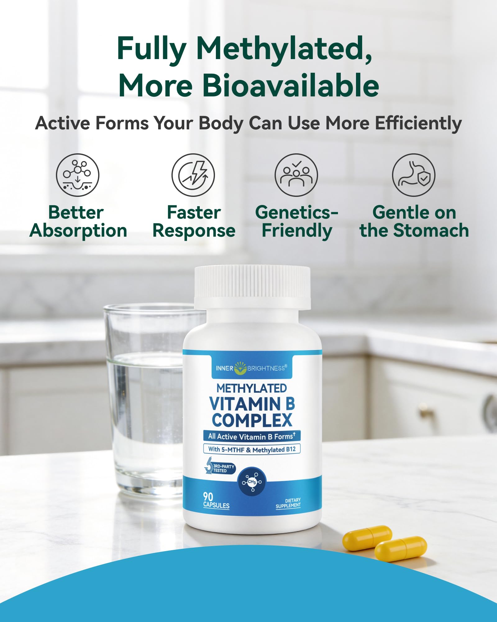 Inner Brightness Vitamin B Complex - Fully Methylated Active B12, B6, Folate - for Energy, Focus, Mood & Nerve Health - Non-GMO Vegan Gluten-Free with B1, B2, B3, B7-90 Capsules for 3 Months — Amazon image 2