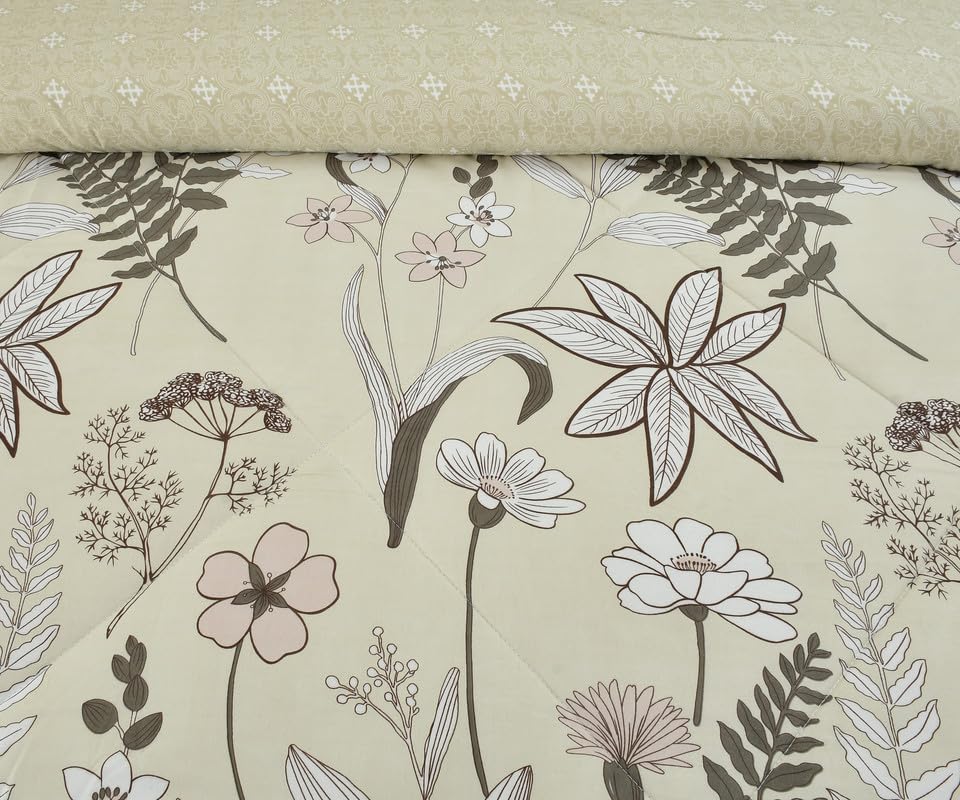 Image of Florida Cream Floral Polycotton Double Bed AC Comforter with 1 Bedsheet & 2 Pillow Covers | Lightweight Reversible 4 Pc Bedding Set