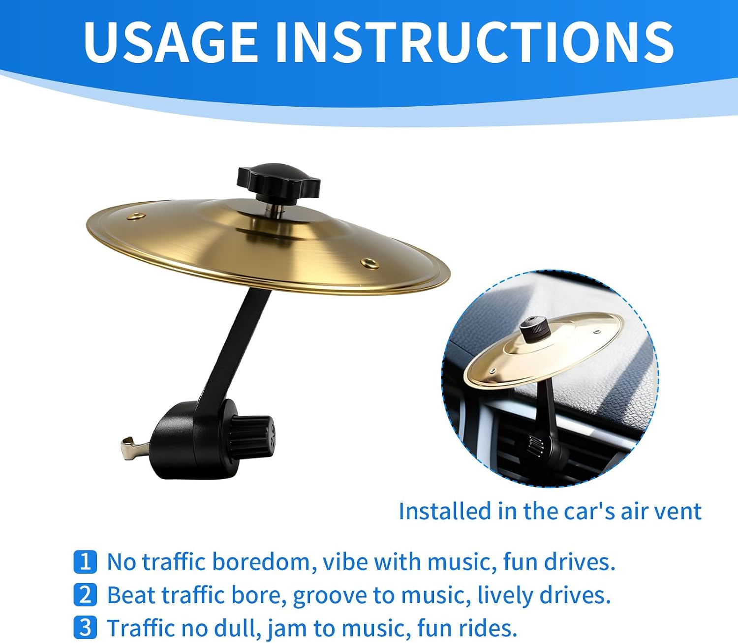 Car Cymbal Air Vent, Mini Drum Crash Cymbal Clip for Car Vent, Fun Musical Accessory for Drivers and Music Lovers Easy Installation Universal Fit for Most Vehicles Gold Finish
