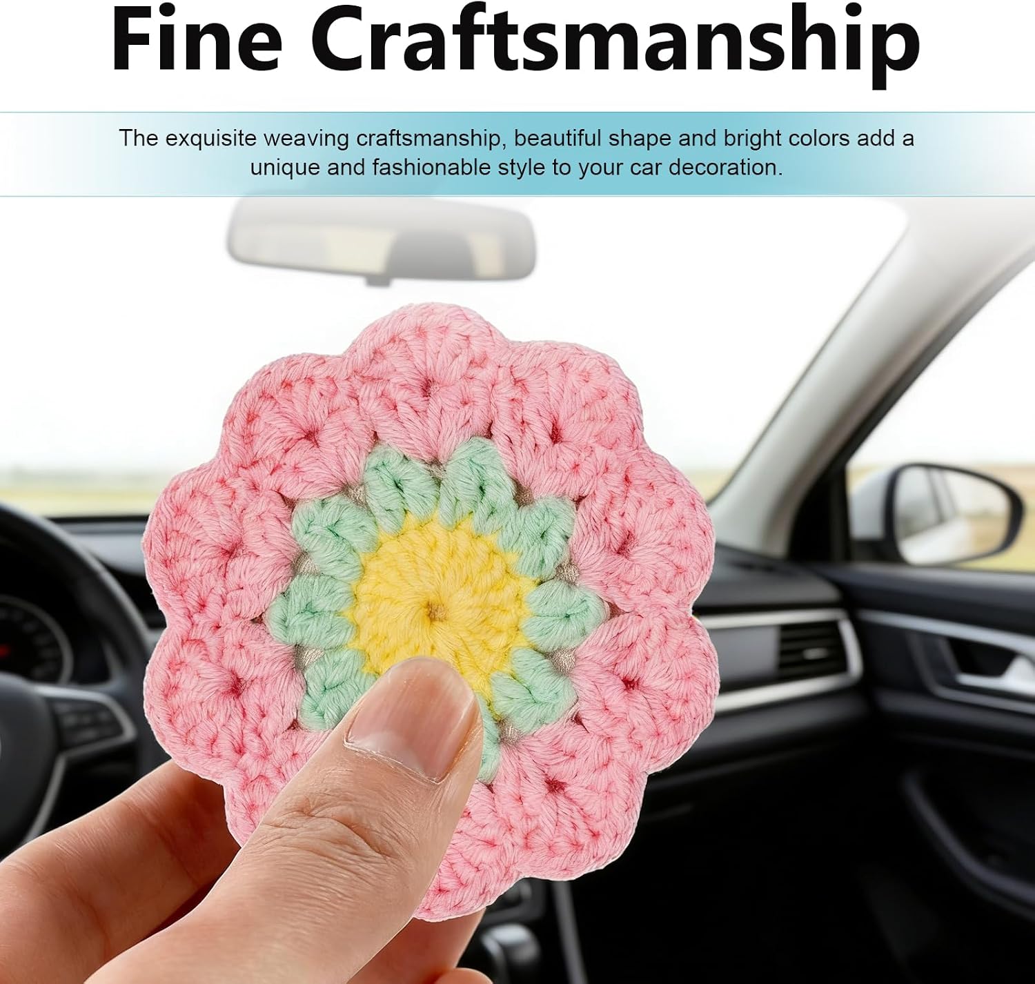 2 PCS Boho Style Car Coasters, Handmade Flower Non-Slip Cup Holder Pads, Absorbent Insulated Woven Auto Cup Mat, Universal for Most Cars, SUVs, Trucks (Pink) image 5
