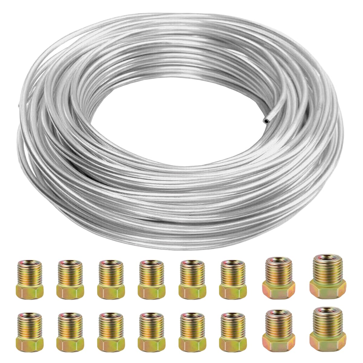 MOCNT Car Brake Pipe 1/4" Brake Pipe Silver Zinc Coated Steel Tubing Car Brake Pipe Line Fuel Hose Tubing Auto Replacement Brake Line Kit with 16 Nuts Fittings Length 32.8FT