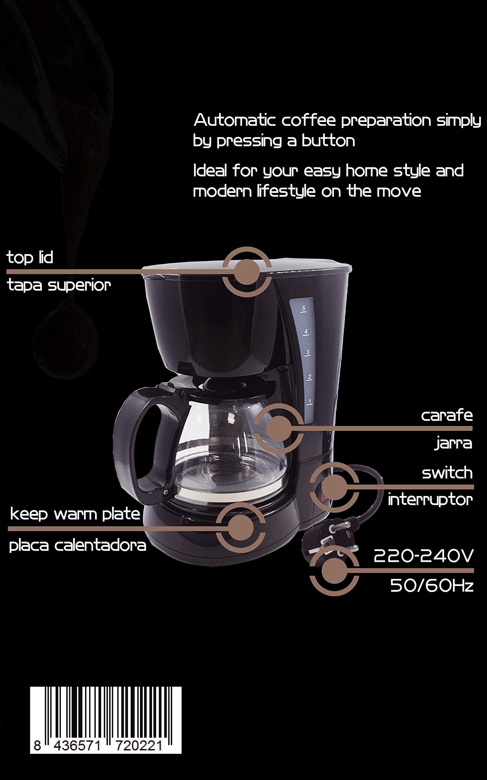Family Care Cafetera de Goteo, cafetera eléctrica, Jarra 0.6 litros para 4 Tazas, Acero inoxidable y plástico, color Negro, 650 W