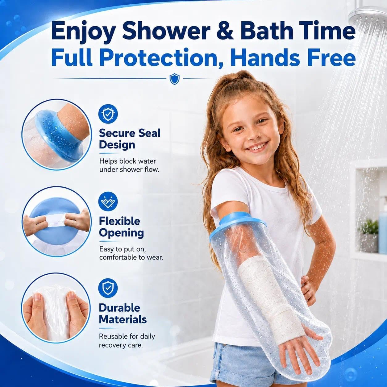 UPGOING Kids Waterproof Cast Cover for Shower Arm, Ringless Silicone Cast Protector for Child Wrist Forearm Bandage Wound Dressing, Reusable Sleeve for Bath and Swimming
