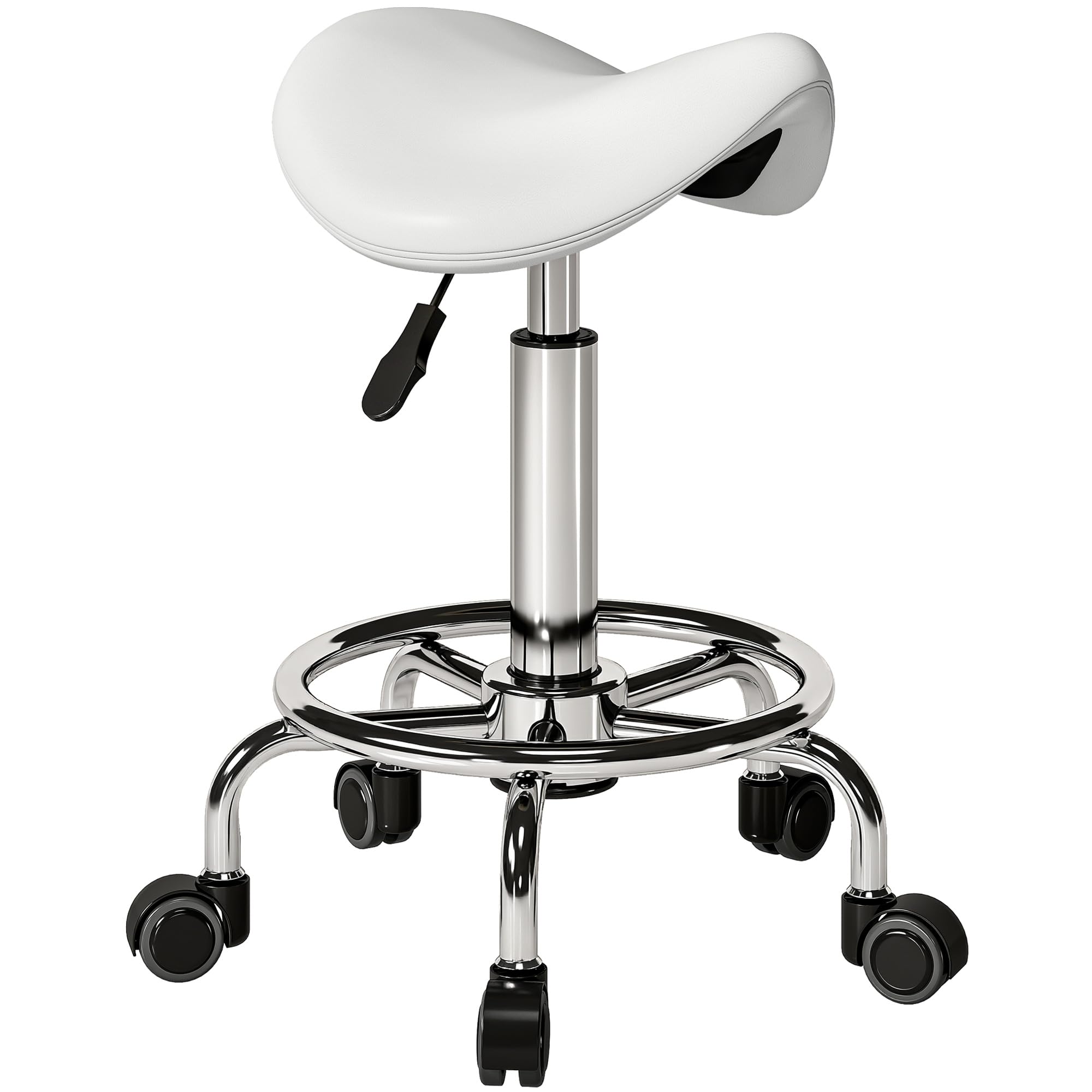 HOMCOM Saddle Stool, PU Leather Adjustable Rolling Salon Chair for Massage, Spa, Clinic, Beauty, Hairdressing and Tattoo, White