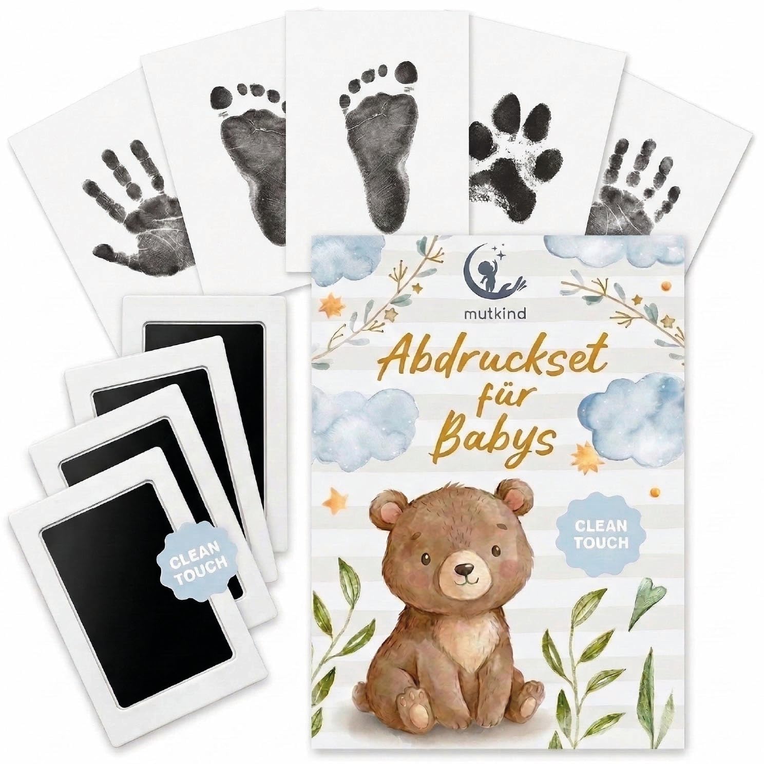 Mutkind® Baby Abdruckset | 0-12 Monate I für Handabdruck, Fußabdruck & Pfotenabdruck I inkl. 4x Stempelkissen & 5 Abdruckkarten I Geschenk zur Geburt