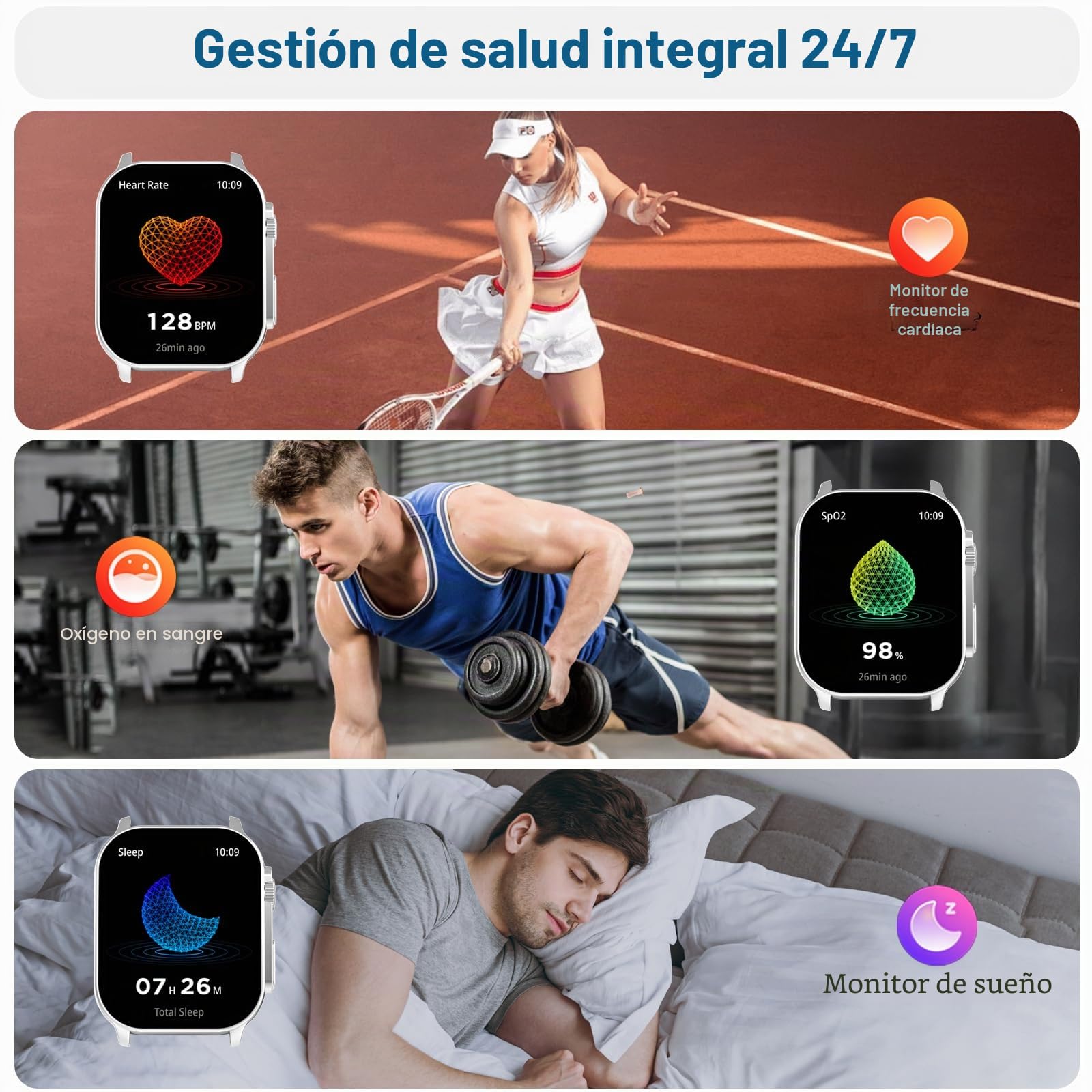 Reloj Inteligente Mujer Hombre, 2.01" HD Smartwatch, Llamadas Bluetooth Smart Watch con Pulsómetro/Monitor de Sueño/Podómetro, 110+ Modos Deportivos, IP68 Pulsera Actividad para Android iOS, Gris