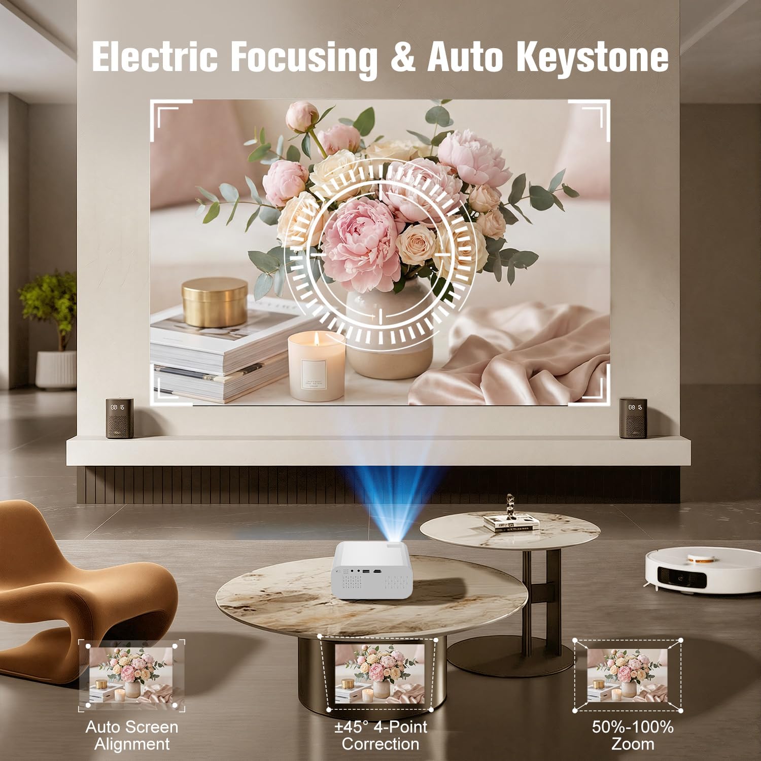 Proiettore P7 Pro, proiettore portatile 4K con WiFi e supporto Bluetooth 1080P, correzione trapezoidale elettrica, Netflix/PrimeVideo/YouTube integrato, proiettore cinematografico per interni ed
