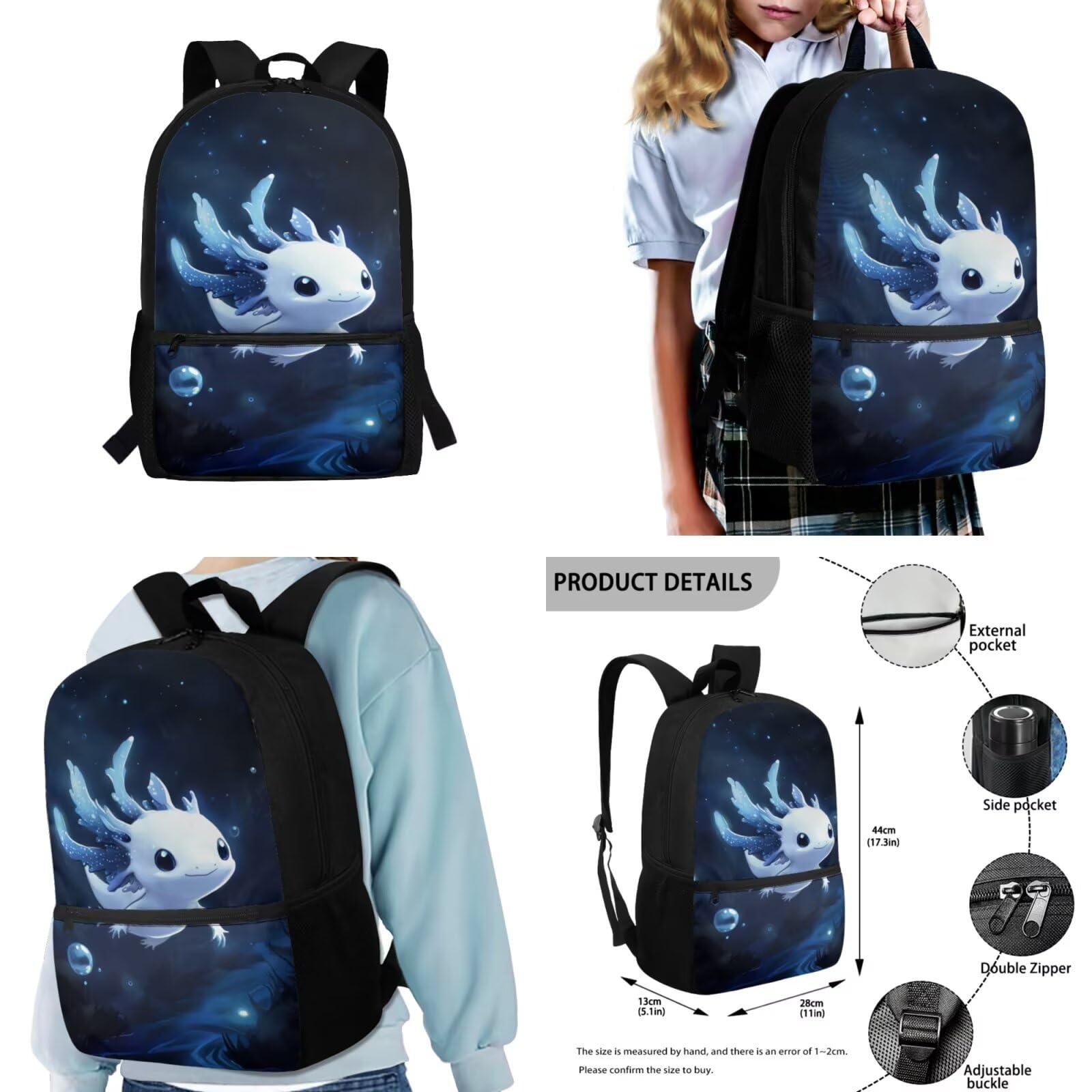 Zaino scolastico per ragazzi dai 4 agli 8 anni, leggero, con borsa per il pranzo, 4 pezzi, set di libri per bambini per la scuola, Piccolo Axolotl, M, Classico