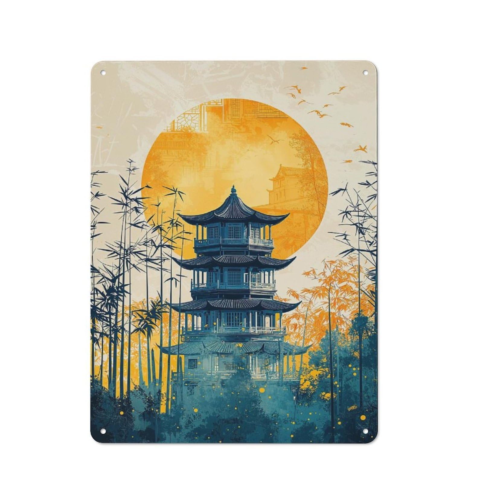 Junmoney Japanese Pagoda Sunset Rustic Metal Plaque 40X30cm For Dining Room Or Kitchen, A Housewarming Gift For Dining Room Decor Fans
