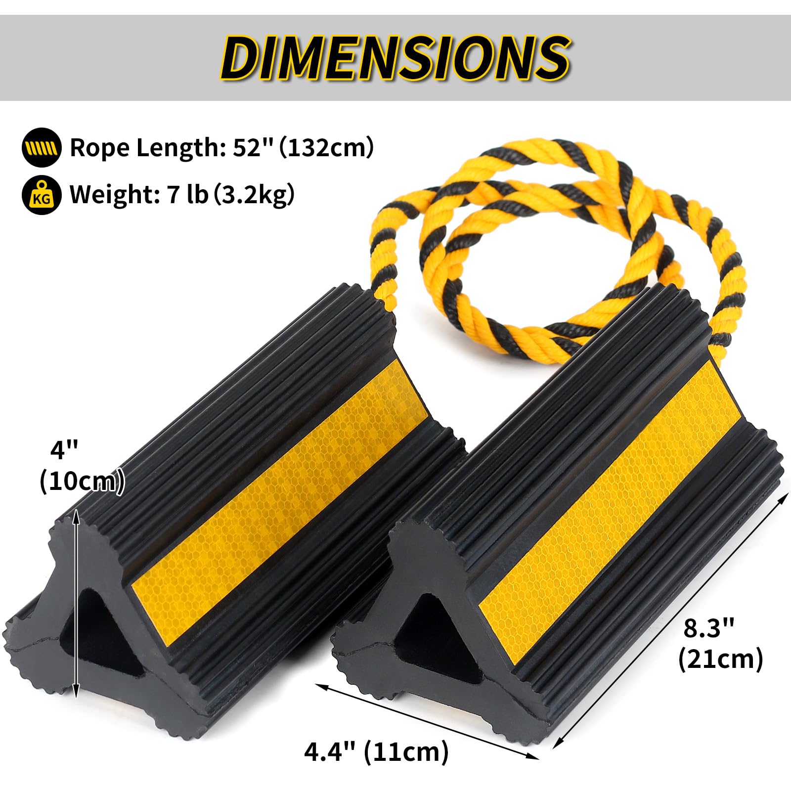 OULEME Cuñas de goma resistentes para ruedas, bloques de calzo para neumáticos de RV con cuerda de nailon y cinta reflectante amarilla, tapones de rueda antideslizantes para cámper, remolques de