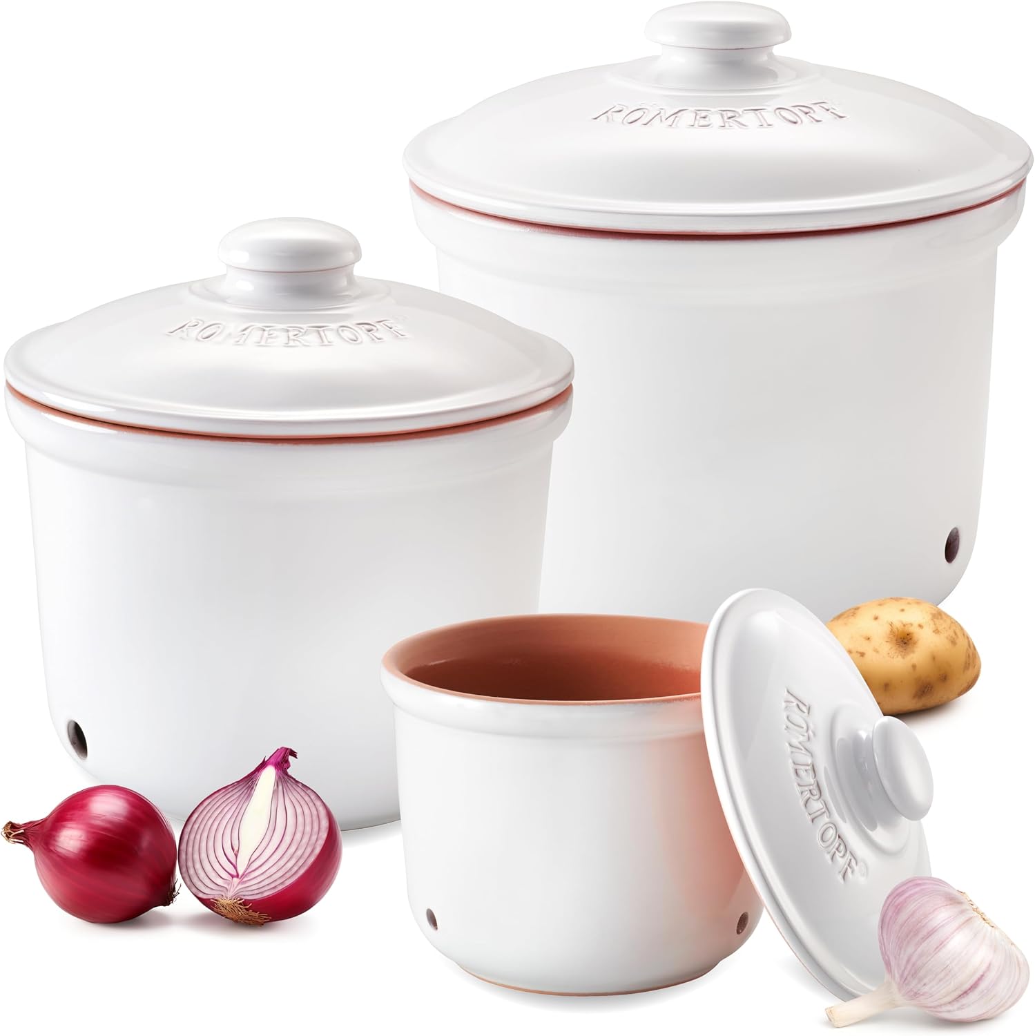 Römertopf zestaw 3 garnków – czosnek, cebula i ziemniaki, ceramiczne pudełko do przechowywania – oddychająca glina utrzymuje świeżość warzyw dłużej – kolor biały