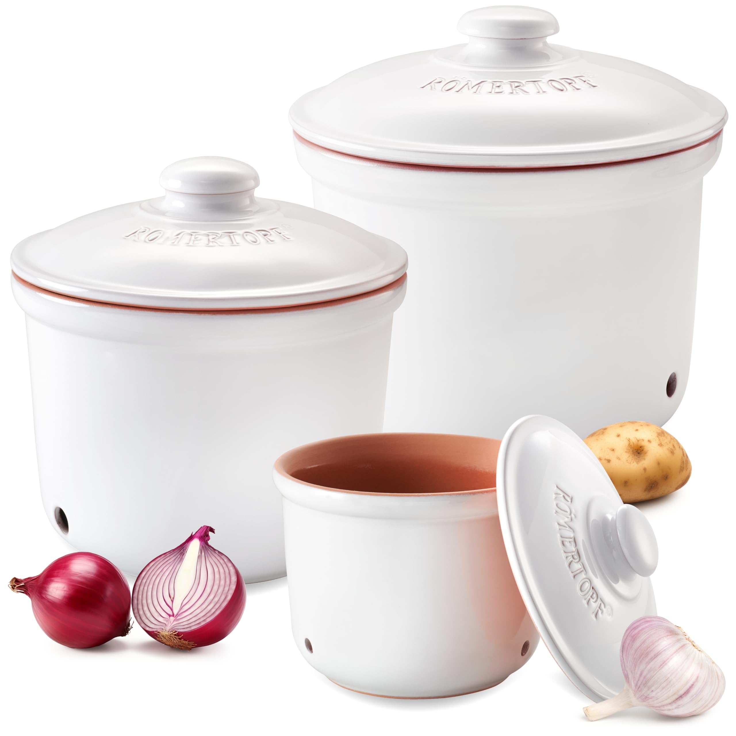 Romertopf Fresche-Topf 3er Set - Ajo, cebolla y patatas Caja de almacenamiento de cerámica - La arcilla transpirable mantiene las verduras frescas durante más tiempo - Blanco