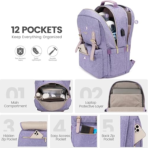 Miniatura 6 de LOVEVOOK Mochila para laptop para mujer, mochila de viaje informal para la universidad, Púrpura, Moda