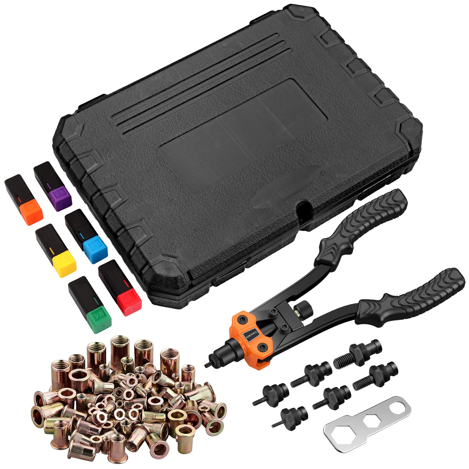 AMTOVL 12” Remachadora de Tuercas Pistola Remachadora Profesional con 6 Mandriles Métricos 125PCs Tuercas M3 M4 M5 M6 M8 M10 Remachadora Manual con Llave Multifuncional de Mango Antideslizante | Alicates de tuerca de remache, 125 tuercas de remache, mandr