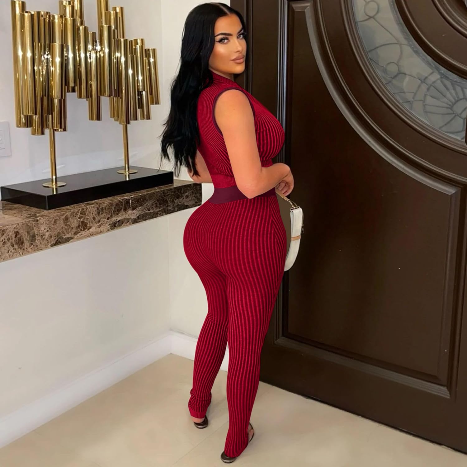 2 Piece Outfits for Women Summer Sexy Zipper Crop Top Bodycon Pants Sets Sleeveless Club Outfits Tracksuit