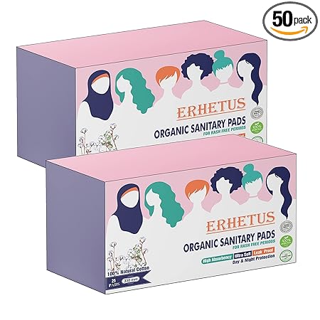 ERHETUS 100% Natural Organic Sanitary Pads for Women | Biodegradable Sanitary Napkins with Anion Chip | Pure Cotton and Bamboo fiber Base Pad | Ultra-Thin, Toxin-Free, Rash-Free - 50 pads (combo of 2*25 pads, XXL, 330 mm)
