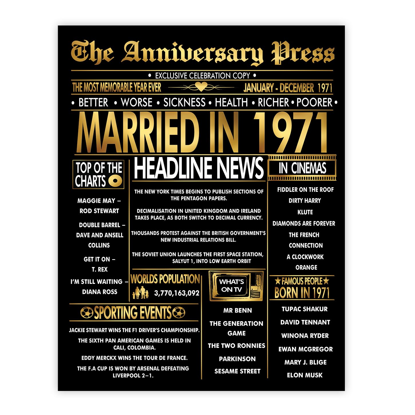 Stuff4 Gold 55th Anniversary Poster Unframed - Golden Married In 1971 Newspaper - 55 Wedding Anniversary for Men Women Vintage Gifts Back In 1971, 8x10 Inch Anniversaries Posters