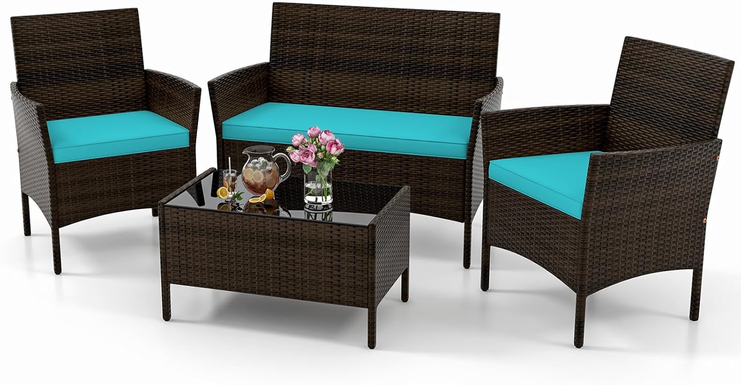 KOTEK 4 Piece Patio Furniture Set, Outdoor Rattan Conversation Set with Loveseat, Wicker Chairs, Tempered Glass Coffee Table, Wicker Patio Set for Backyard, Porch (Turquoise)