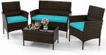KOTEK 4 Piece Patio Furniture Set, Outdoor Rattan Conversation Set with Loveseat, Wicker Chairs, Tempered Glass Coffee Table, Wicker Patio Set for Backyard, Porch (Red)