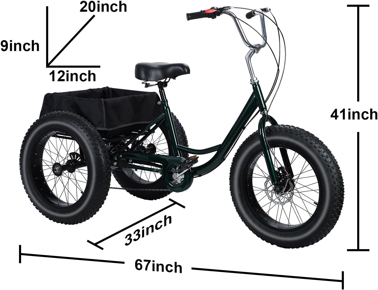 Adult Tricycle, 20-Inch Fat Tire All-Terrain 3-Wheel Bike, 7-Speed Heavy-Duty & 450lb Capacity, Large Cargo Basket, Dual Disc Brakes, Comfort Seat for Seniors, Shopping Basket