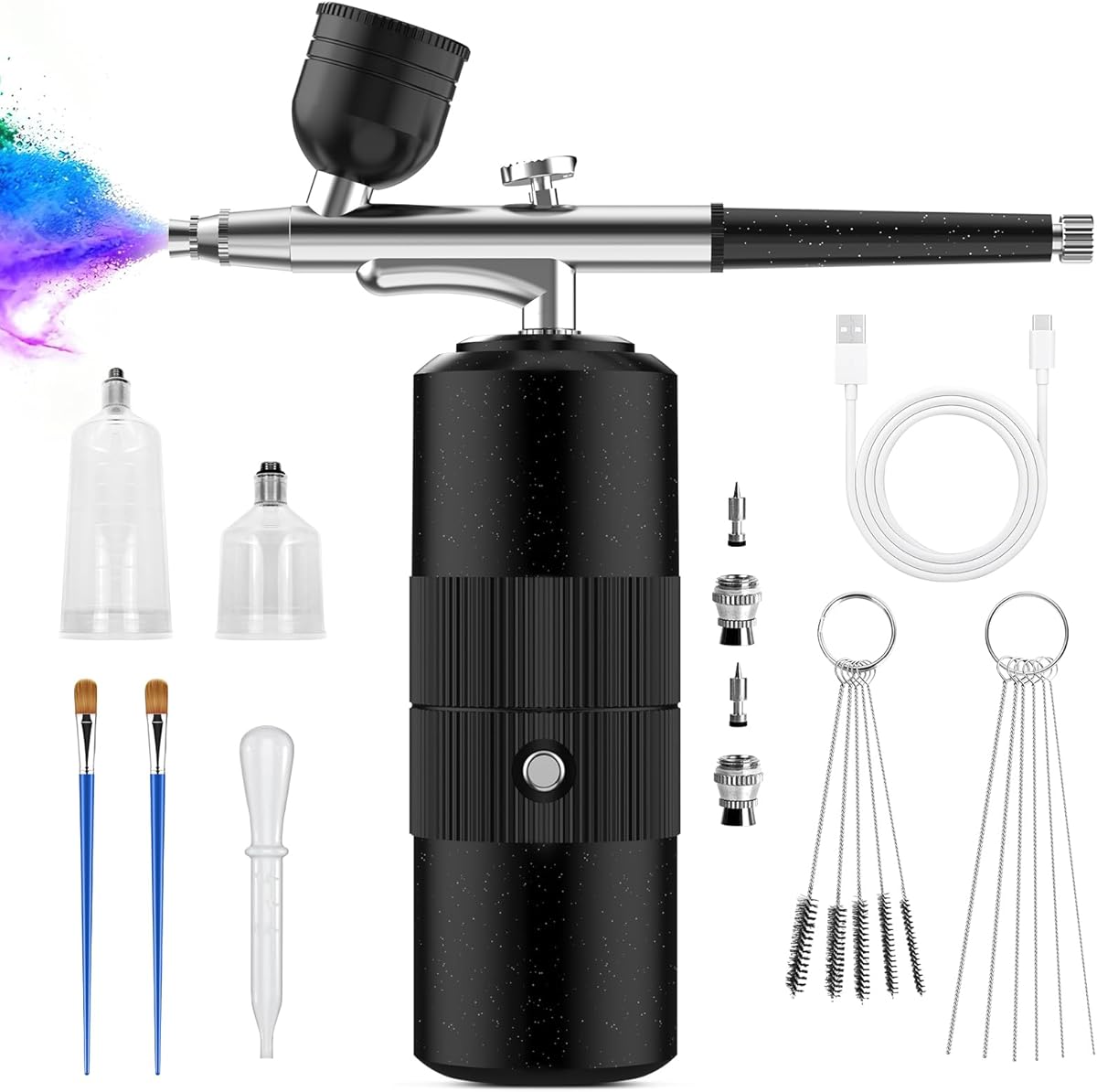 PHILORN Airbrush Set mit Kompressor, Tragbarer Kabelloser Airbrush für Friseure, Nail Art, Kuchenverzierung, Make-up, Modellmalerei，Schwarz