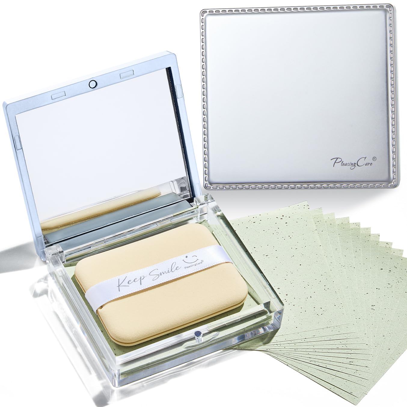Oil Blotting Sheets with Comfort Puff &amp; Mirror, Makeup Friendly (Green-Tea)