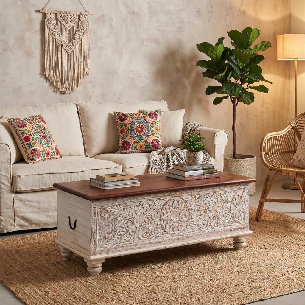 Asian Art Export Solid Wood Coffee Table | Wooden Trunk Box for