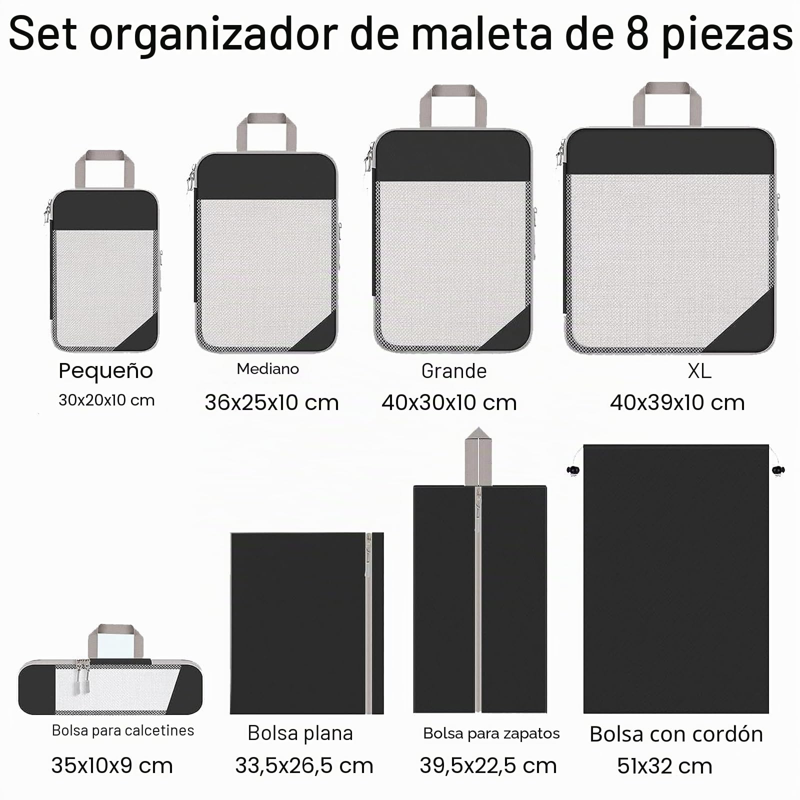 Juego De Bolsas De Compresión Para Maleta Y Mochila [8 Piezas] Bolsas Viaje Organizador De Embalaje,Bolsas De Senderismo Negro Organizador Maleta Cubos De Embalaje Compresión