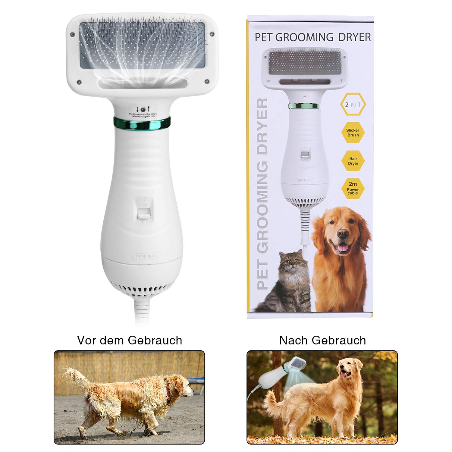 Ownpets Asciugacapelli per cani con pettine in pelliccia, 2 in 1, asciugacapelli per animali domestici, temperatura regolabile, asciugacapelli per cani, gatti o altri animali domestici