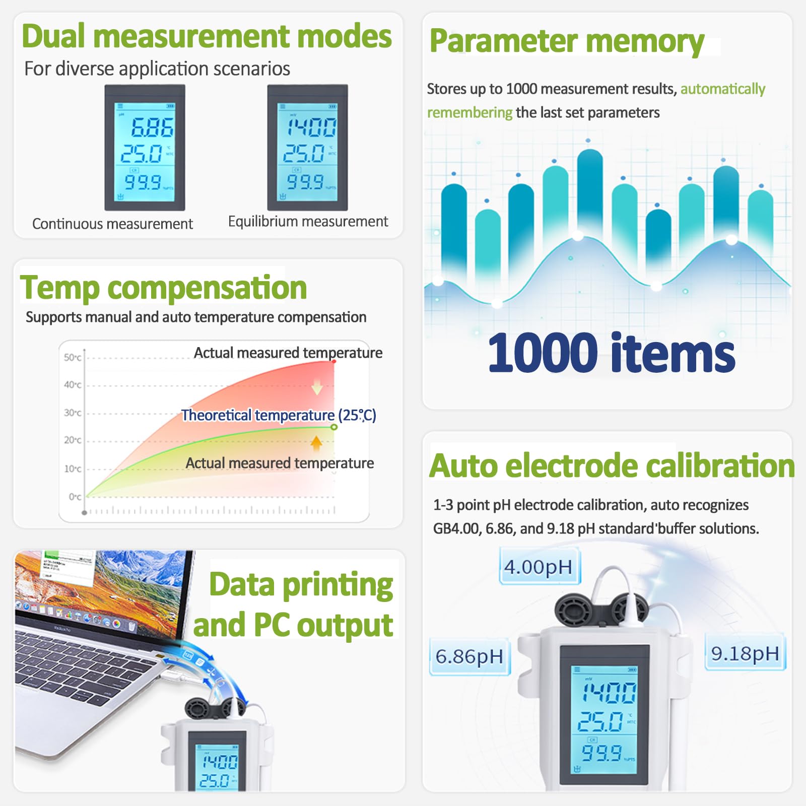 Medidor De Acidez LCD Portátil, Comprobador Inteligente De PH Y Calidad del Agua, con 1000 Memorias, Calibración Multipunto Y Compensación De Temperatura para Análisis del Agua
